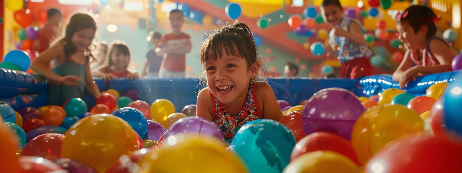 a vibrant indoor birthday party scene bursts with colorful toys and lively playground equipment like ball pits, capturing the joyful energy of young children celebrating their special day.