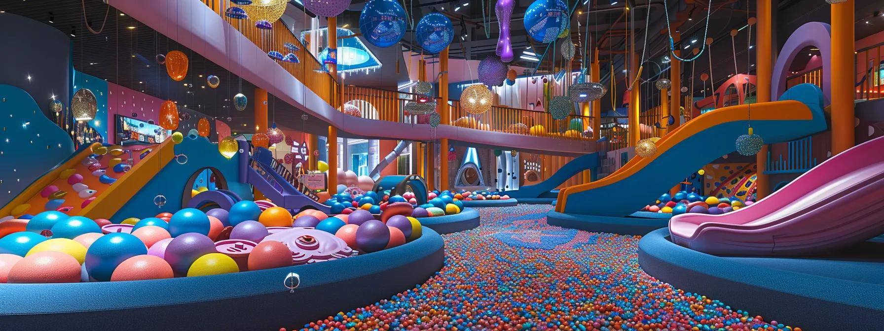 a vibrant indoor playground filled with colorful ball pits and engaging toys, creating an enchanting atmosphere perfect for a toddler's birthday celebration.